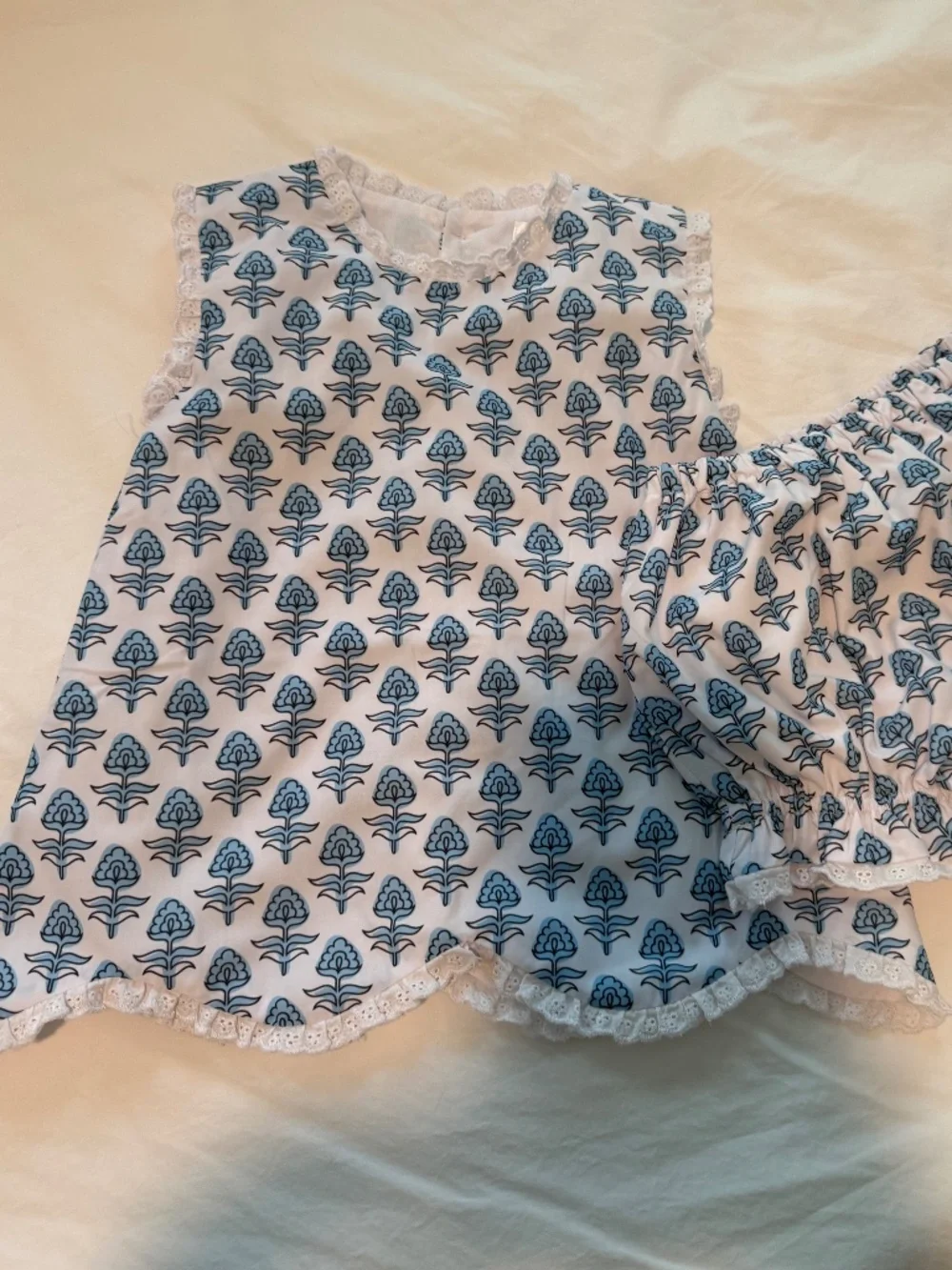 Blue Floral Scalloped Eyelet Diaper Set